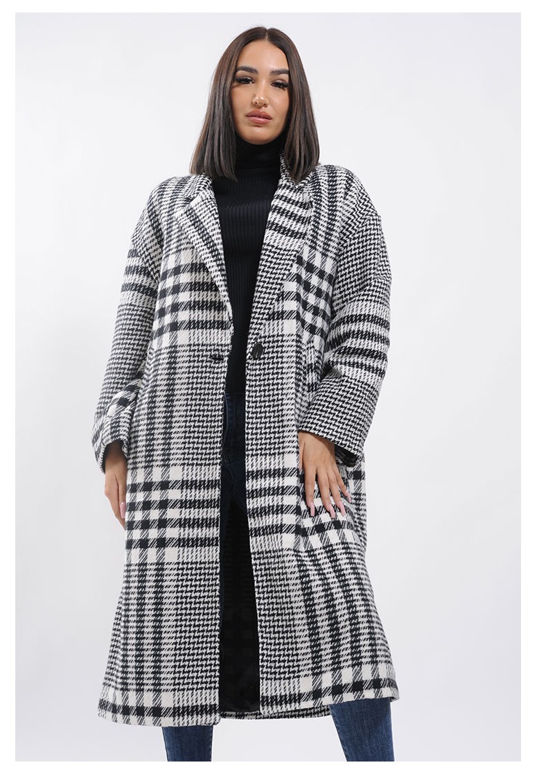 Manteau en laine blanc à motif carreaux