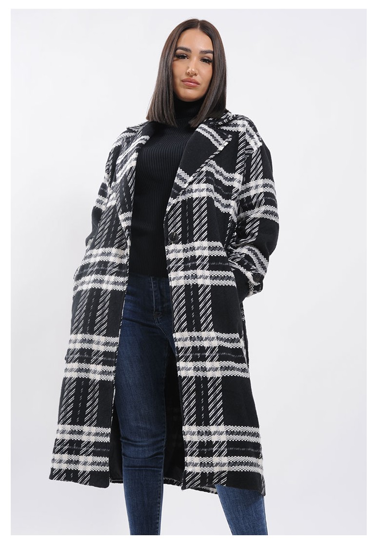 Manteau en laine noir à ceinture imprimé carreaux