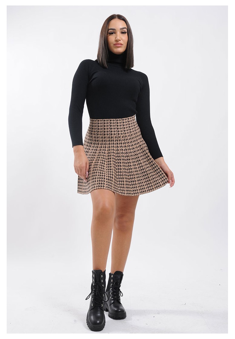 Jupe courte marron imprim pied de poule pour femme