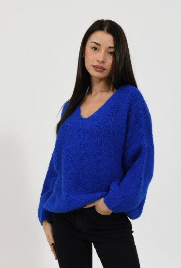 Pull en maille col v bleu...