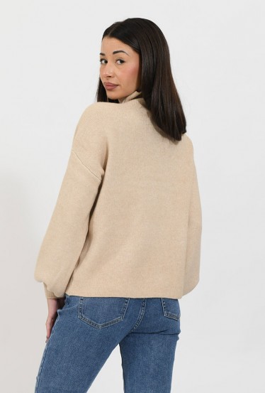 Pull court col montant beige