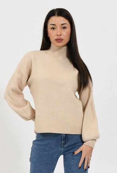 Pull court col montant beige